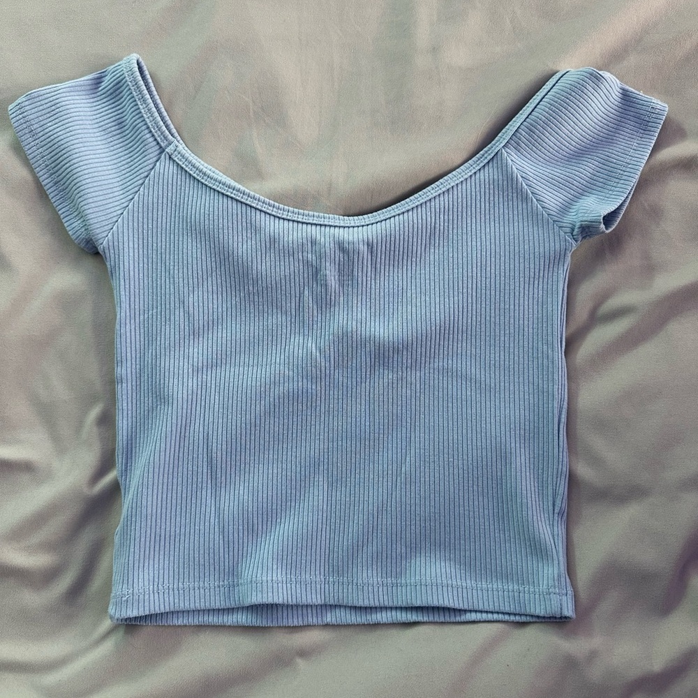 Light Blue Off-Shoulder Ribbed Top - Picture 2 of 3